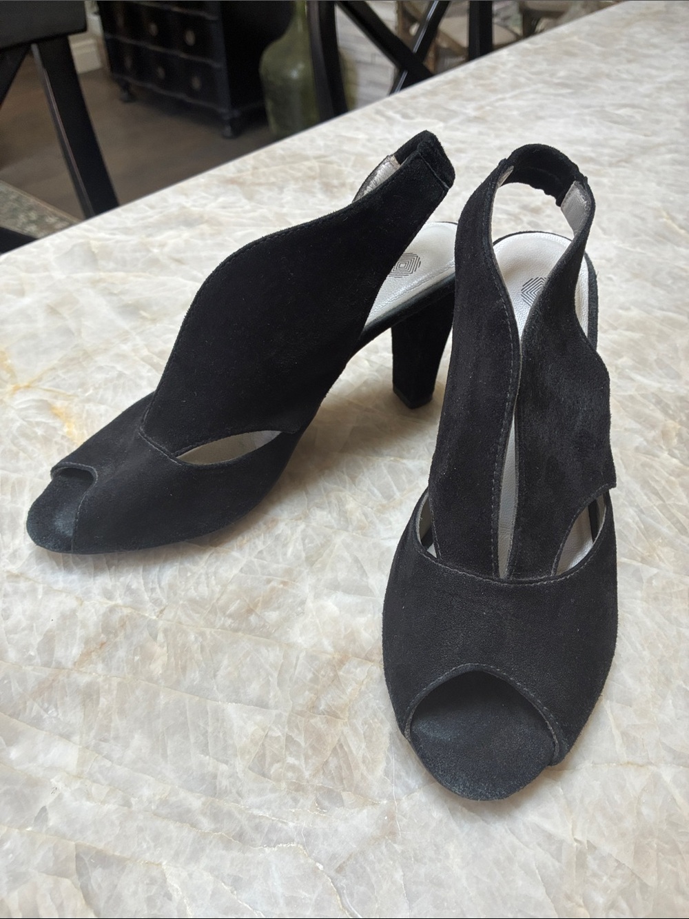 Eric Michael Black Suede Peep-Toe Slingback Block Heels